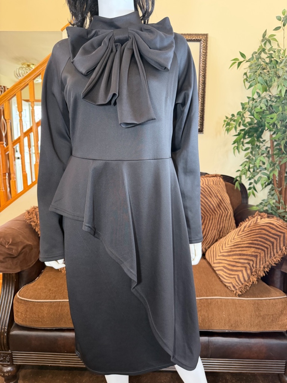 Elegant Black Long-Sleeve Peplum Dress with Bow Neck NWOT